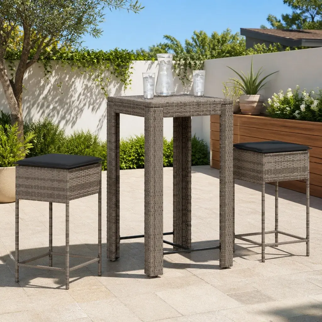 Garden Bar Set 3 Piece Outdoor Furniture Patio Grey Poly Rattan with Cushions