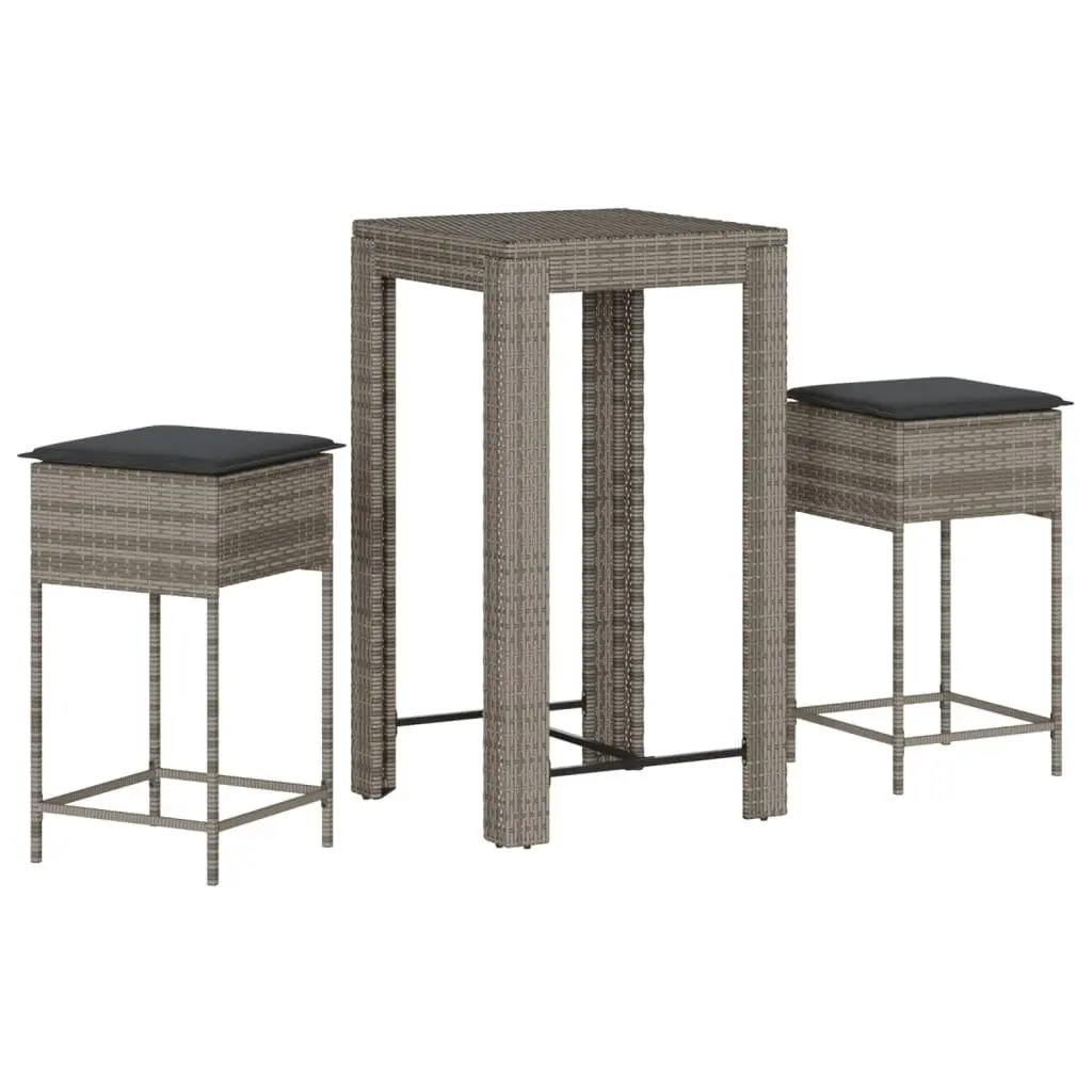 Garden Bar Set 3 Piece Outdoor Furniture Patio Grey Poly Rattan with Cushions