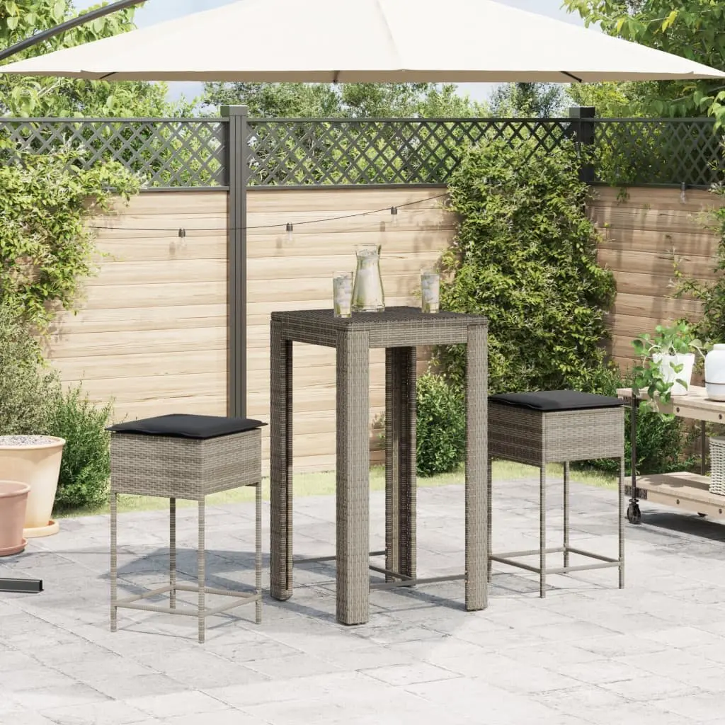 Garden Bar Set 3 Piece Outdoor Furniture Patio Grey Poly Rattan with Cushions