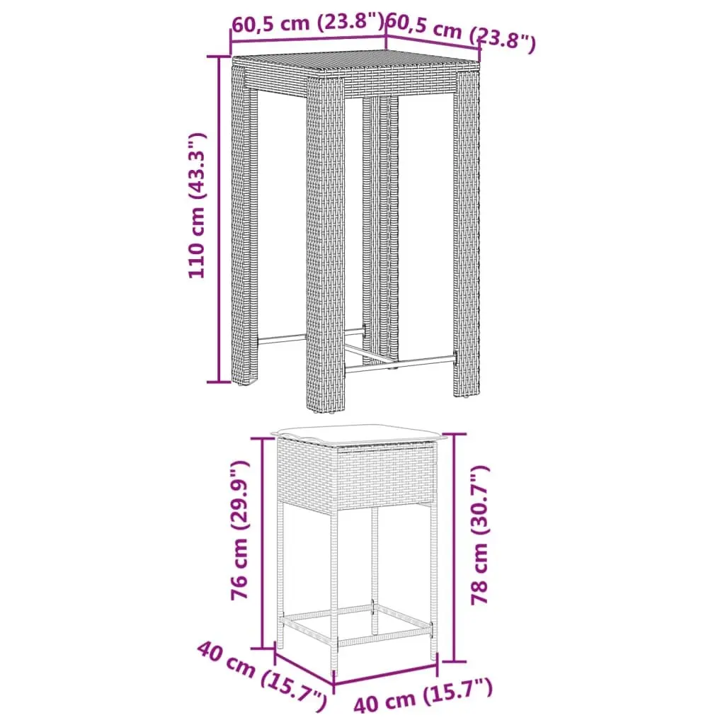 Garden Bar Set 3 Piece Outdoor Furniture Patio Grey Poly Rattan with Cushions