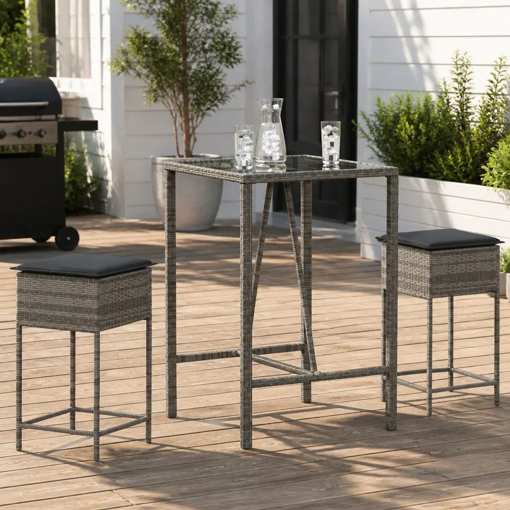 3 Piece Garden Bar Set Grey Outdoor Furniture Patio Dining Table Chairs Cushions