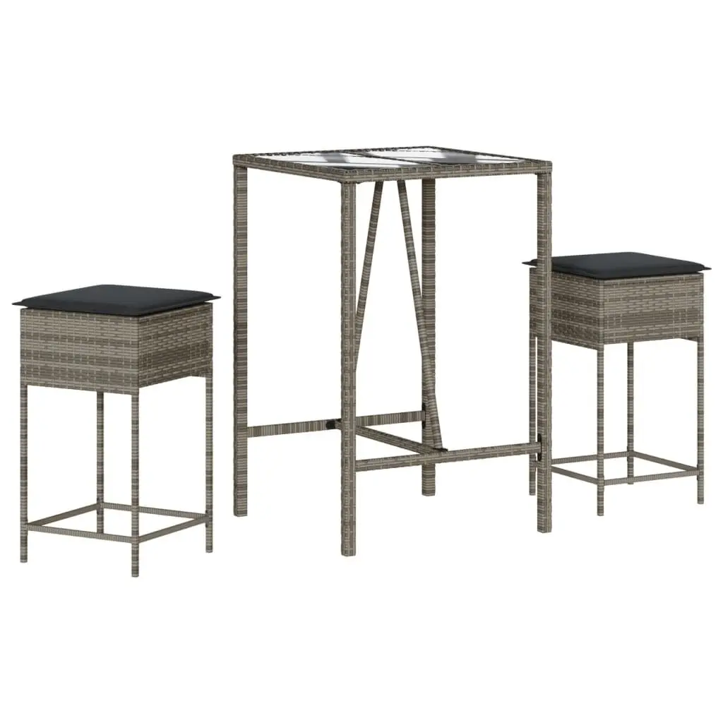 3 Piece Garden Bar Set Grey Outdoor Furniture Patio Dining Table Chairs Cushions