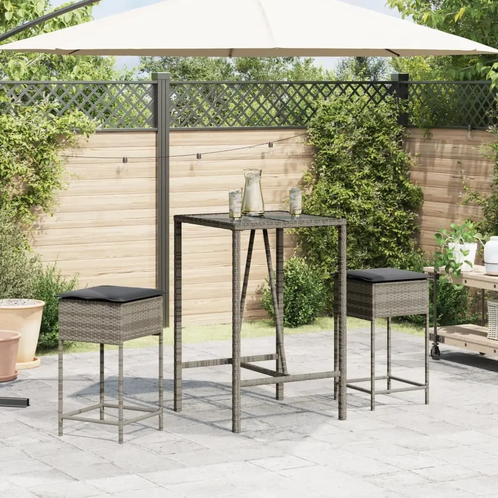 3 Piece Garden Bar Set Grey Outdoor Furniture Patio Dining Table Chairs Cushions