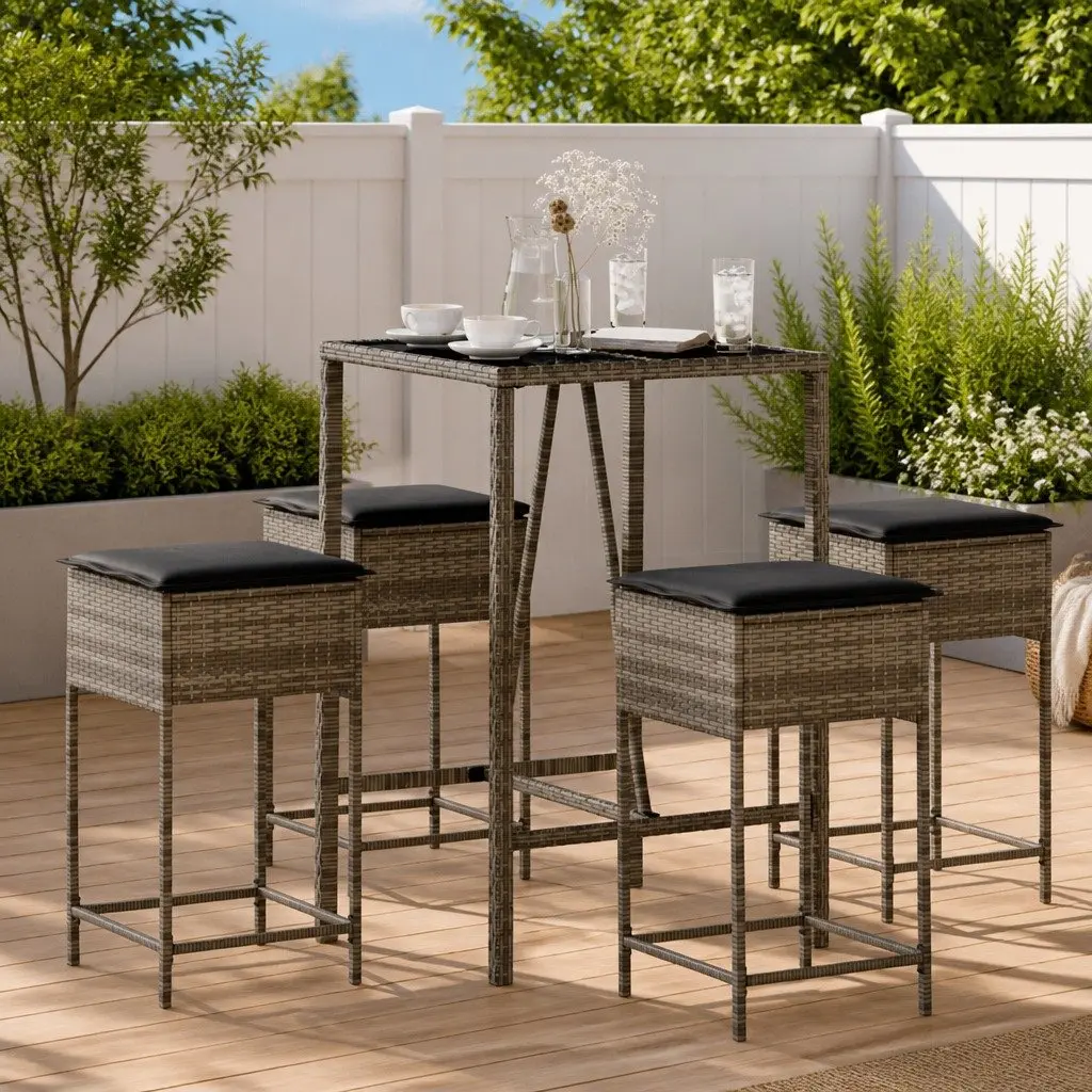 Garden Bar Set 5 Piece Outdoor Furniture with Cushions Grey PE Rattan and Powder-coated Steel
