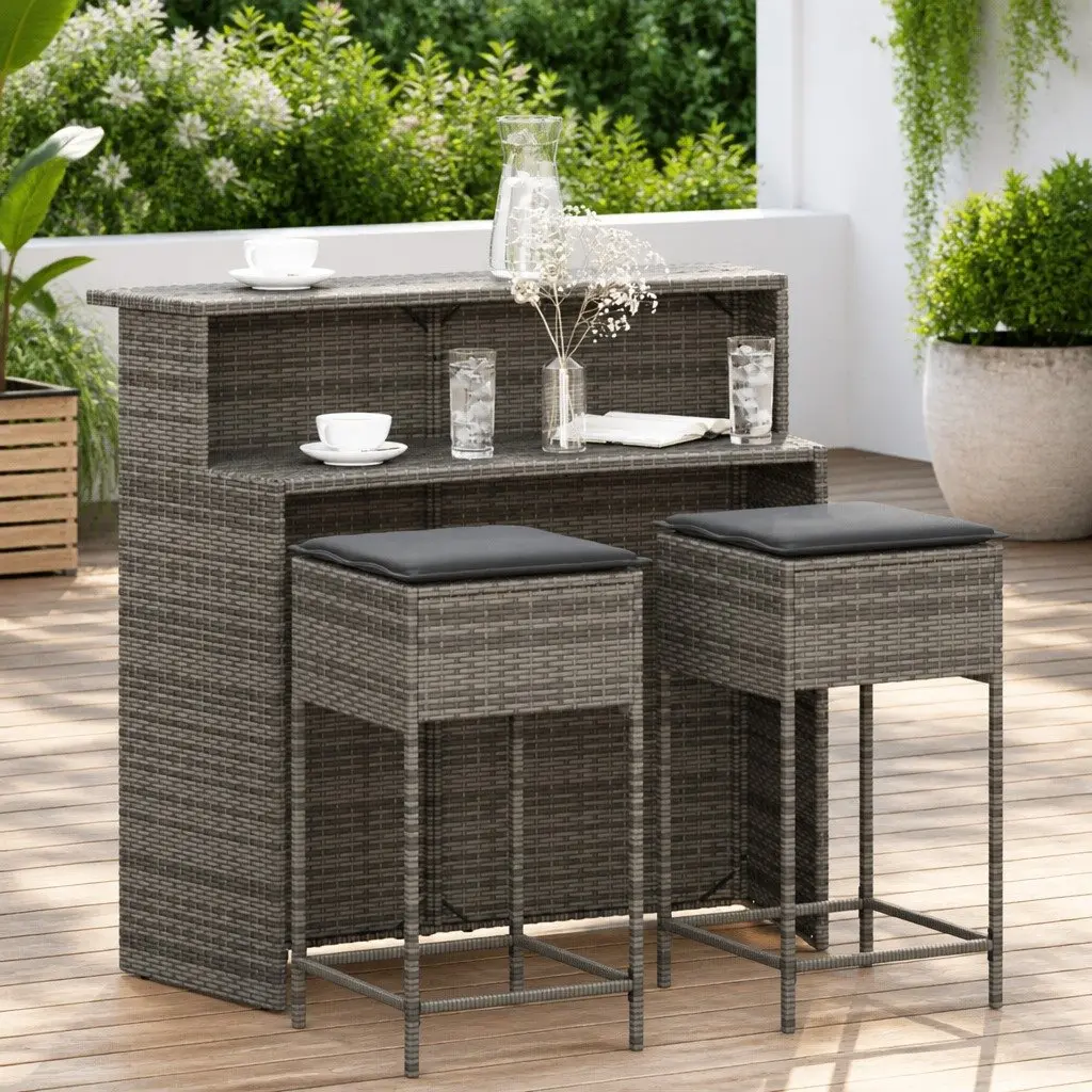 Garden Bar Set 3 Piece Outdoor Furniture with Cushions Grey PE Rattan