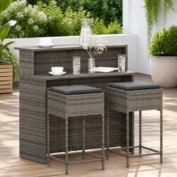 Garden Bar Set 3 Piece Outdoor Furniture with Cushions Grey Poly Rattan Patio