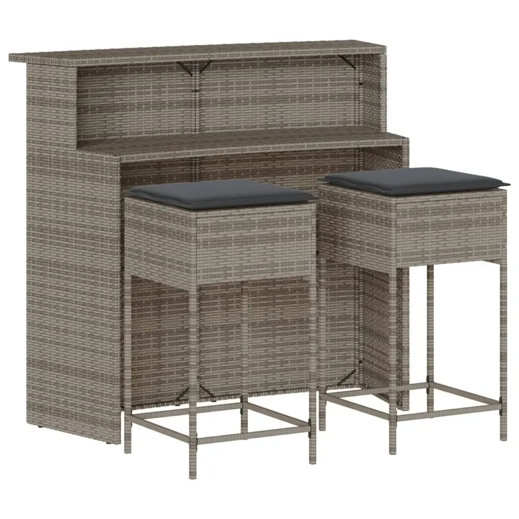 Garden Bar Set 3 Piece Outdoor Furniture with Cushions Grey PE Rattan