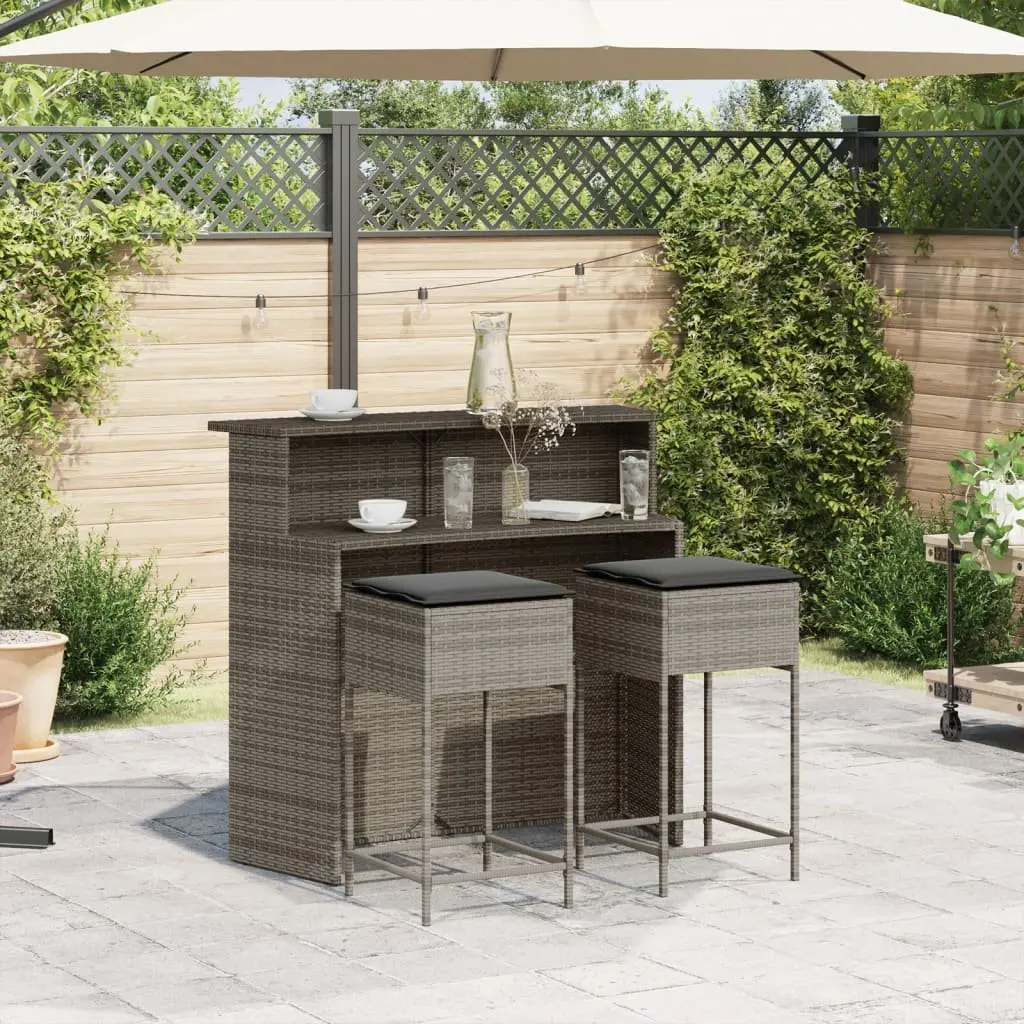 Garden Bar Set 3 Piece Outdoor Furniture with Cushions Grey PE Rattan