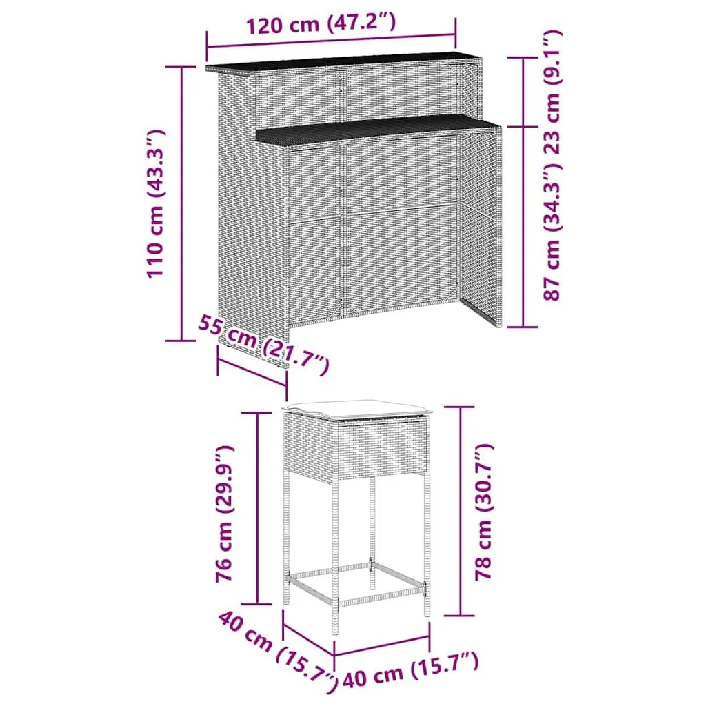 Garden Bar Set 3 Piece Outdoor Furniture with Cushions Grey PE Rattan