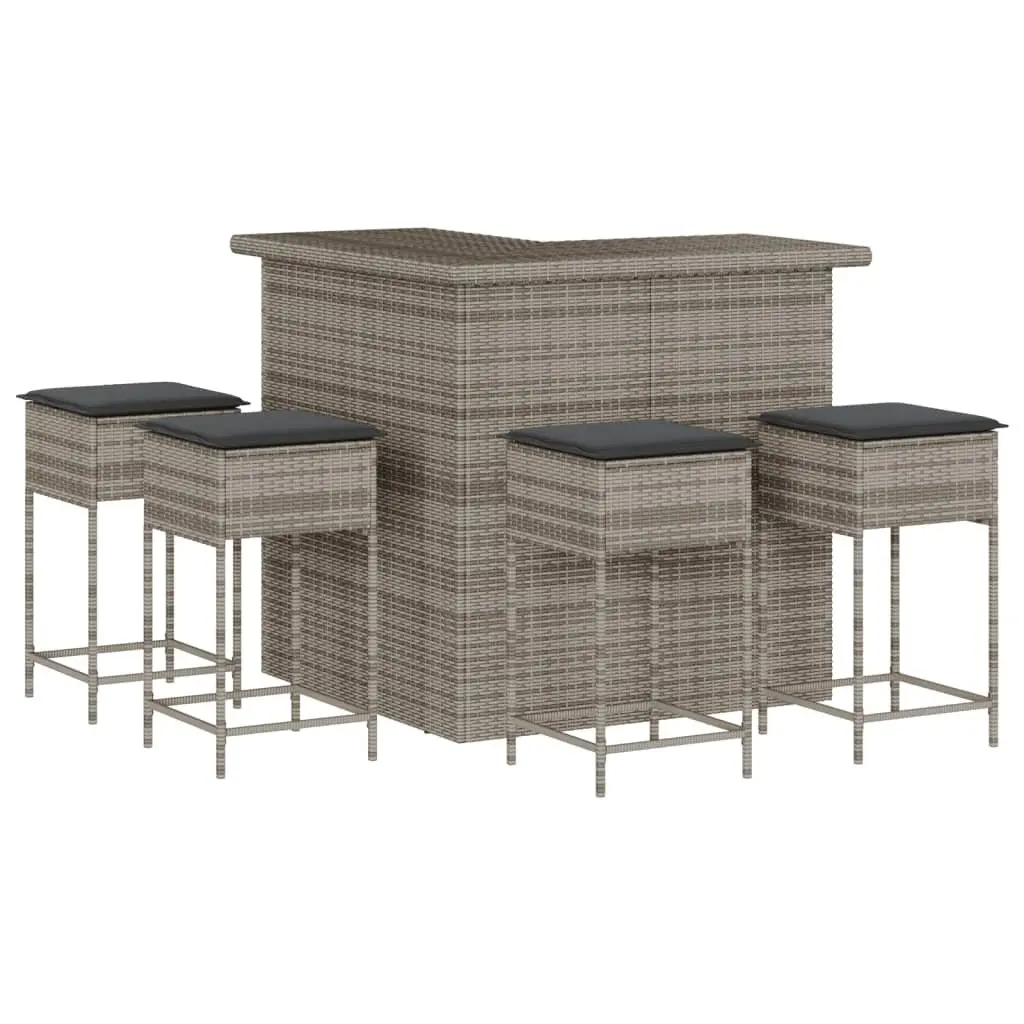 5 Piece Garden Bar Set Outdoor Patio Furniture Grey Rattan with Cushions