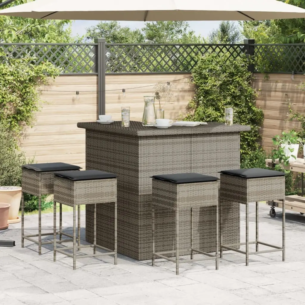 5 Piece Garden Bar Set Outdoor Patio Furniture Grey Rattan with Cushions