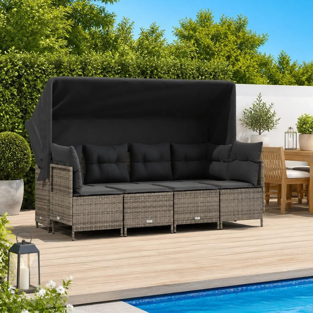 5 Piece Outdoor Garden Sofa Set with Retractable Canopy Grey Poly Rattan