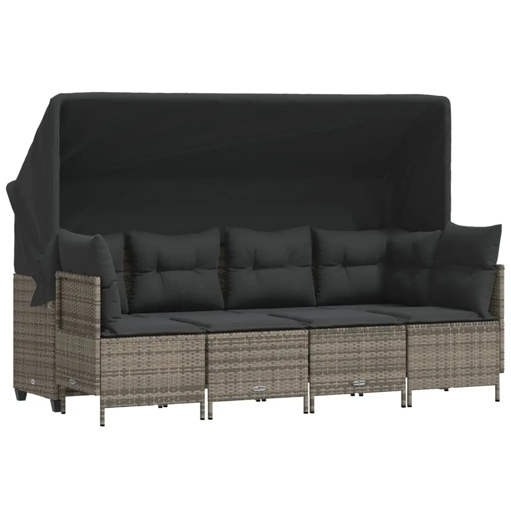 5 Piece Outdoor Garden Sofa Set with Retractable Canopy Grey Poly Rattan