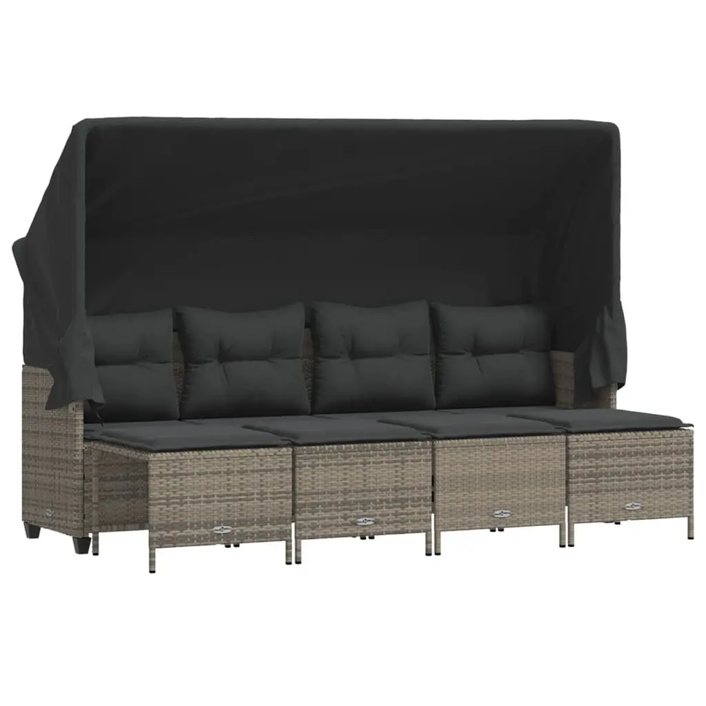 5 Piece Garden Sofa Set with Retractable Canopy Cushions Grey Outdoor Furniture