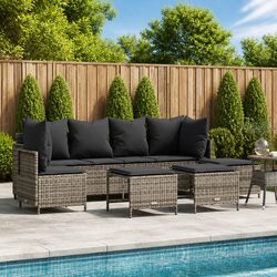 5 Piece Outdoor Garden Sofa Set Grey Poly Rattan Patio Furniture with Cushions