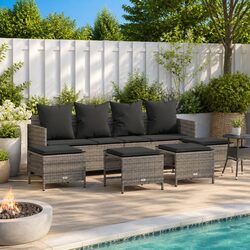 5 Piece Outdoor Garden Sofa Set Grey Poly Rattan Patio Furniture with Cushions