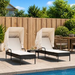 Sun Loungers Set 2 pcs with Retractable Canopies Tea Table Black Outdoor Seating