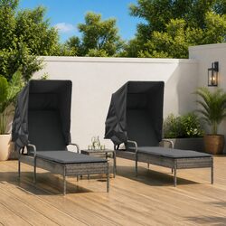 Sun Loungers 2 Pieces with Retractable Canopies Tea Table Grey Outdoor Furniture