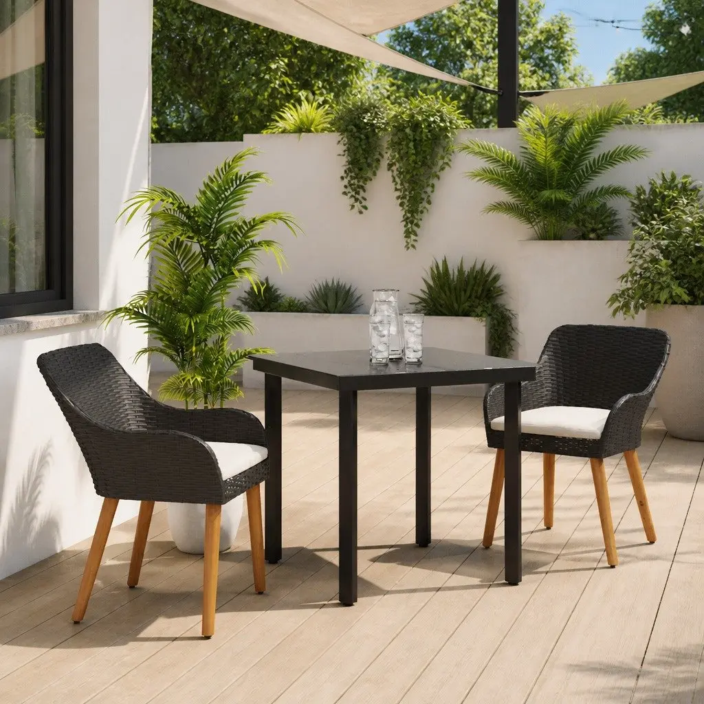Garden Dining Set 3 Pieces Black Poly Rattan Chairs Table Outdoor