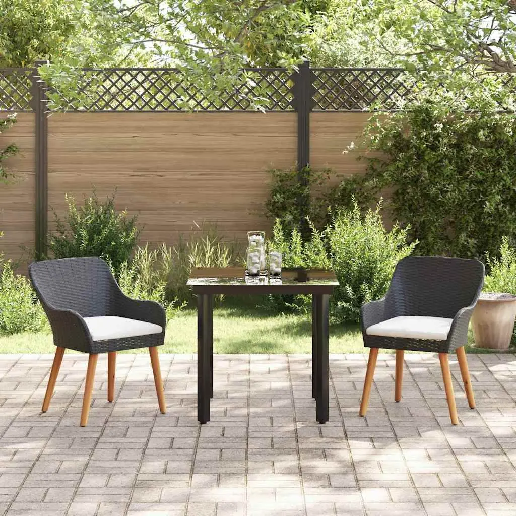 Garden Dining Set 3 Pieces Black Poly Rattan Chairs Table Outdoor