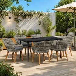 Grey Poly Rattan Outdoor Dining Set 7 Pieces with Cushions Tempered Glass Table