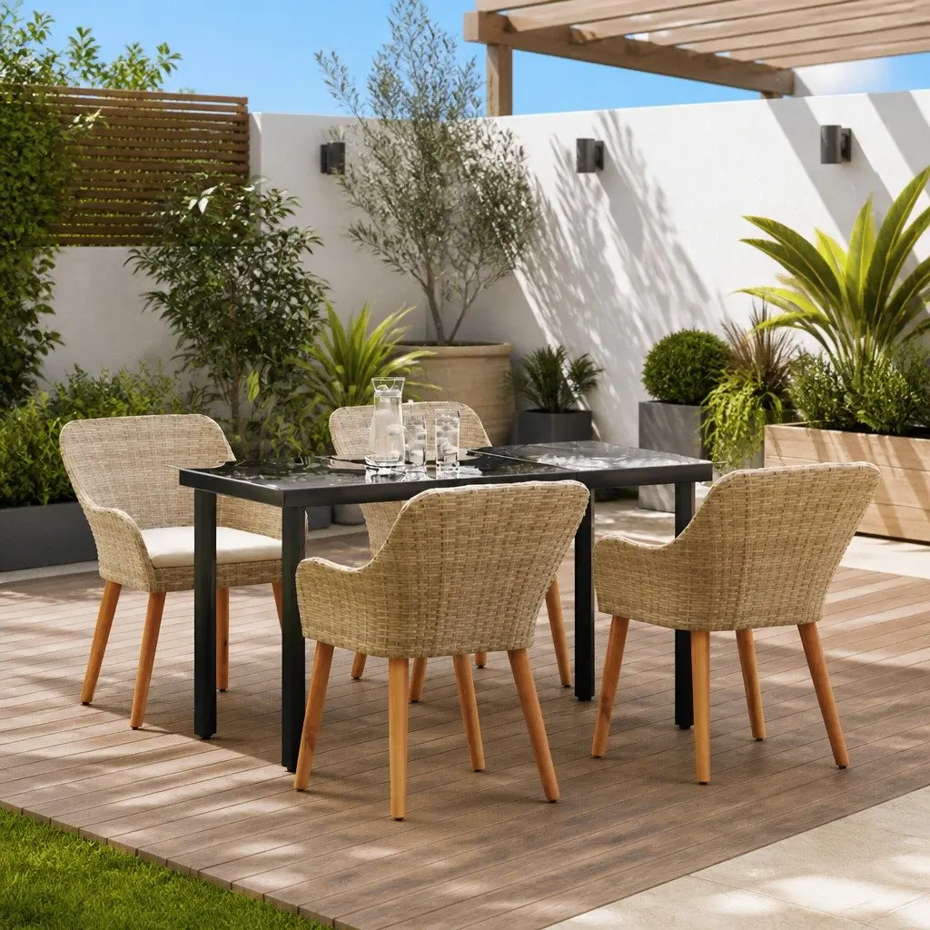 Outdoor Dining Set 5 Piece Garden Furniture with Cushions Beige Rattan