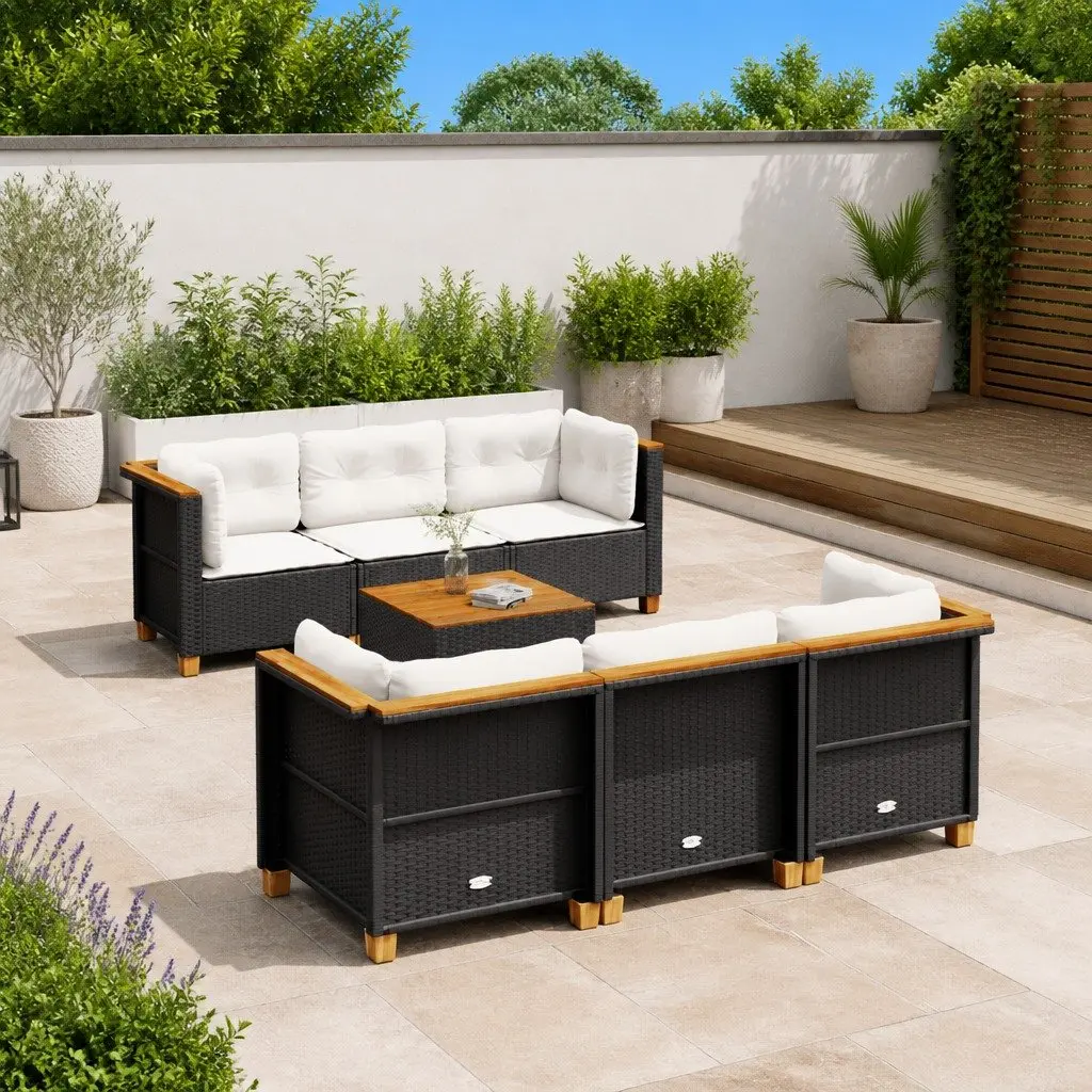 7 Piece Outdoor Garden Sofa Set Patio Furniture with Cushions Black Poly Rattan