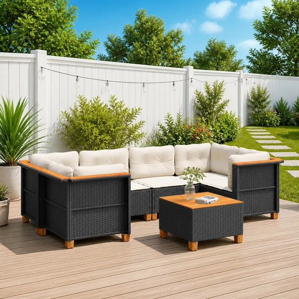 7 Piece Garden Sofa Set Outdoor Patio Furniture Black Poly Rattan with Cushions