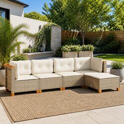 Garden Sofa Set 5 Piece Outdoor Furniture Patio Beige Poly Rattan with Cushions