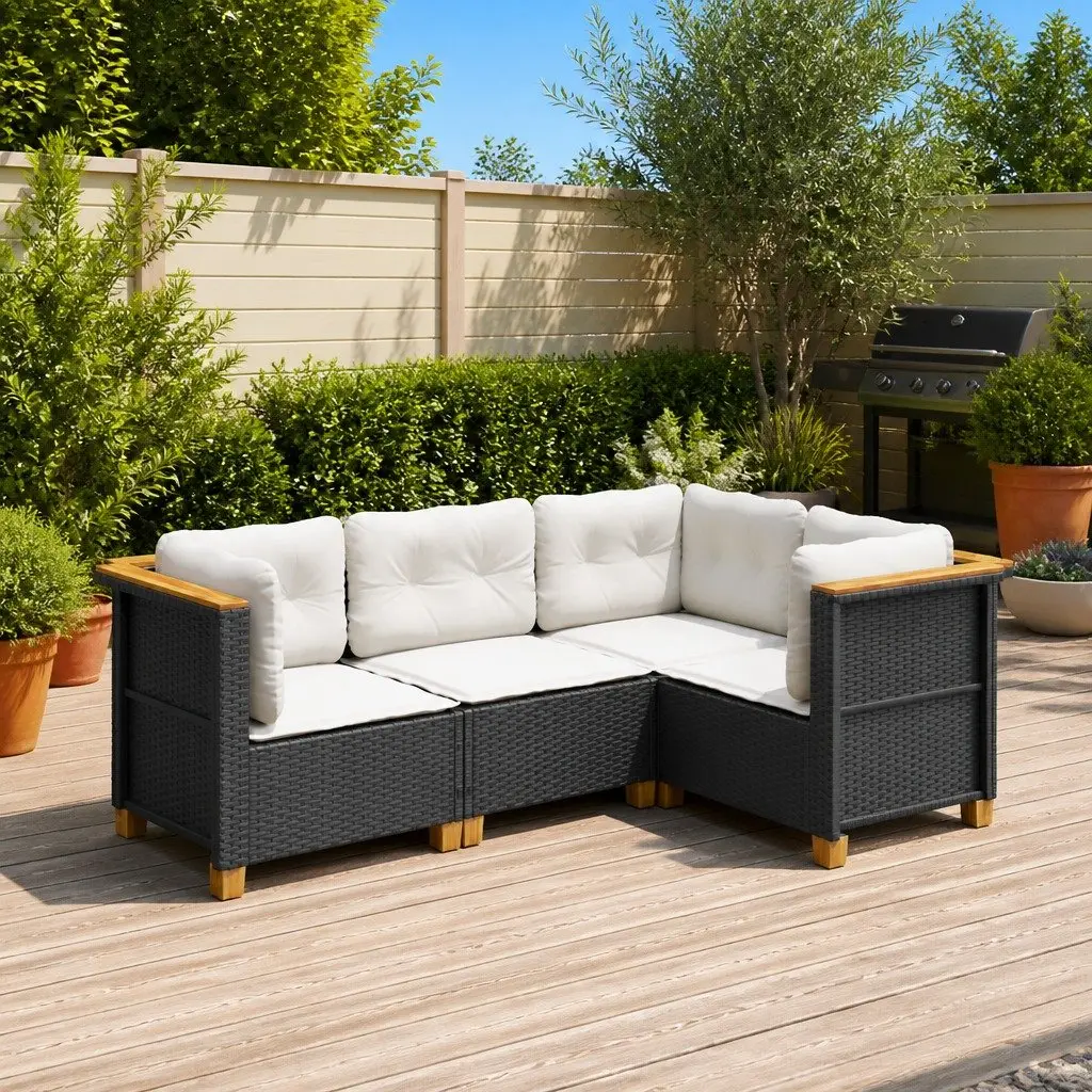4 Piece Garden Sofa Set Outdoor Patio Furniture Black PE Rattan with Cushions