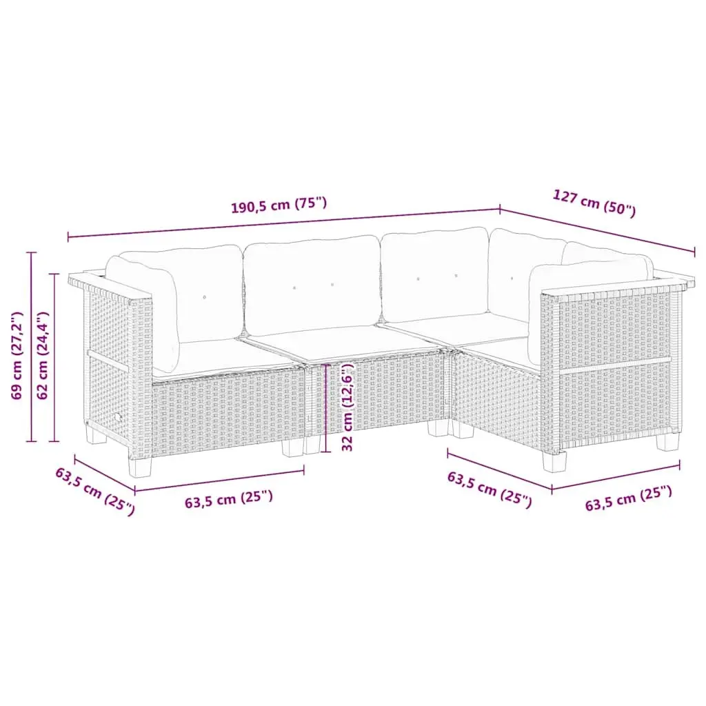 4 Piece Garden Sofa Set Outdoor Patio Furniture Black PE Rattan with Cushions