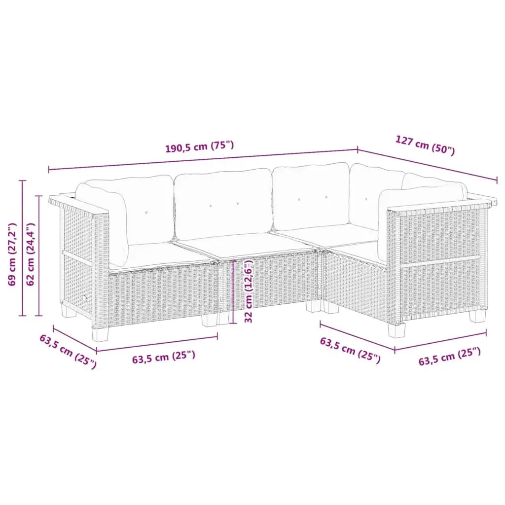 4 Piece Outdoor Garden Sofa Set Grey Poly Rattan Patio Furniture with Cushions