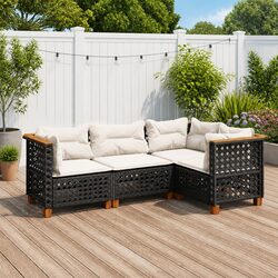 Outdoor Garden Sofa Set 4 Piece Black Poly Rattan Patio Furniture with Cushions
