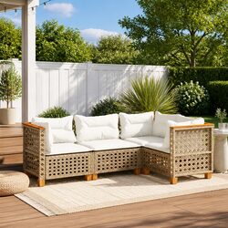 Outdoor Garden Sofa Set 4 Piece Beige Poly Rattan Patio Furniture with Cushions