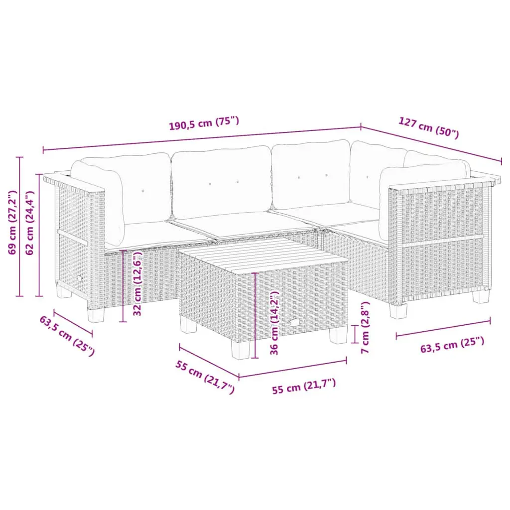 5 Piece Garden Sofa Set with Cushions Grey Outdoor Patio Furniture Rattan