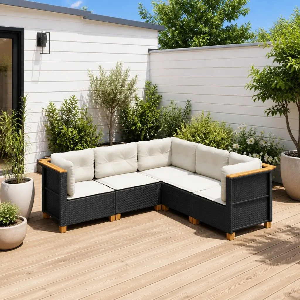 5 Piece Outdoor Garden Sofa Set Black Poly Rattan Furniture with Cushions Patio
