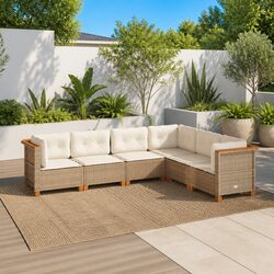 Garden Sofa Set 6 Piece Outdoor Furniture Beige Poly Rattan Patio Cushions