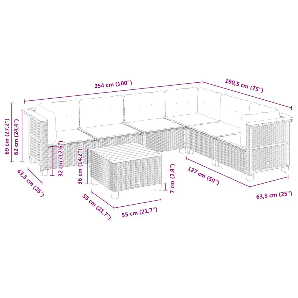 7 Piece Outdoor Garden Sofa Set Patio Furniture with Cushions Black Rattan