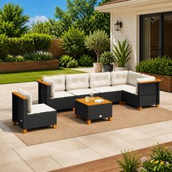 7 Piece Garden Sofa Set Outdoor Patio Furniture Poly Rattan Black with Cushions