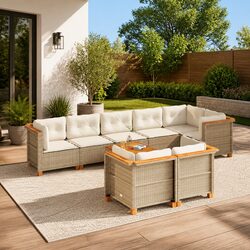 Garden Sofa Set 9 Piece Outdoor Furniture Beige Poly Rattan Patio Lounge with