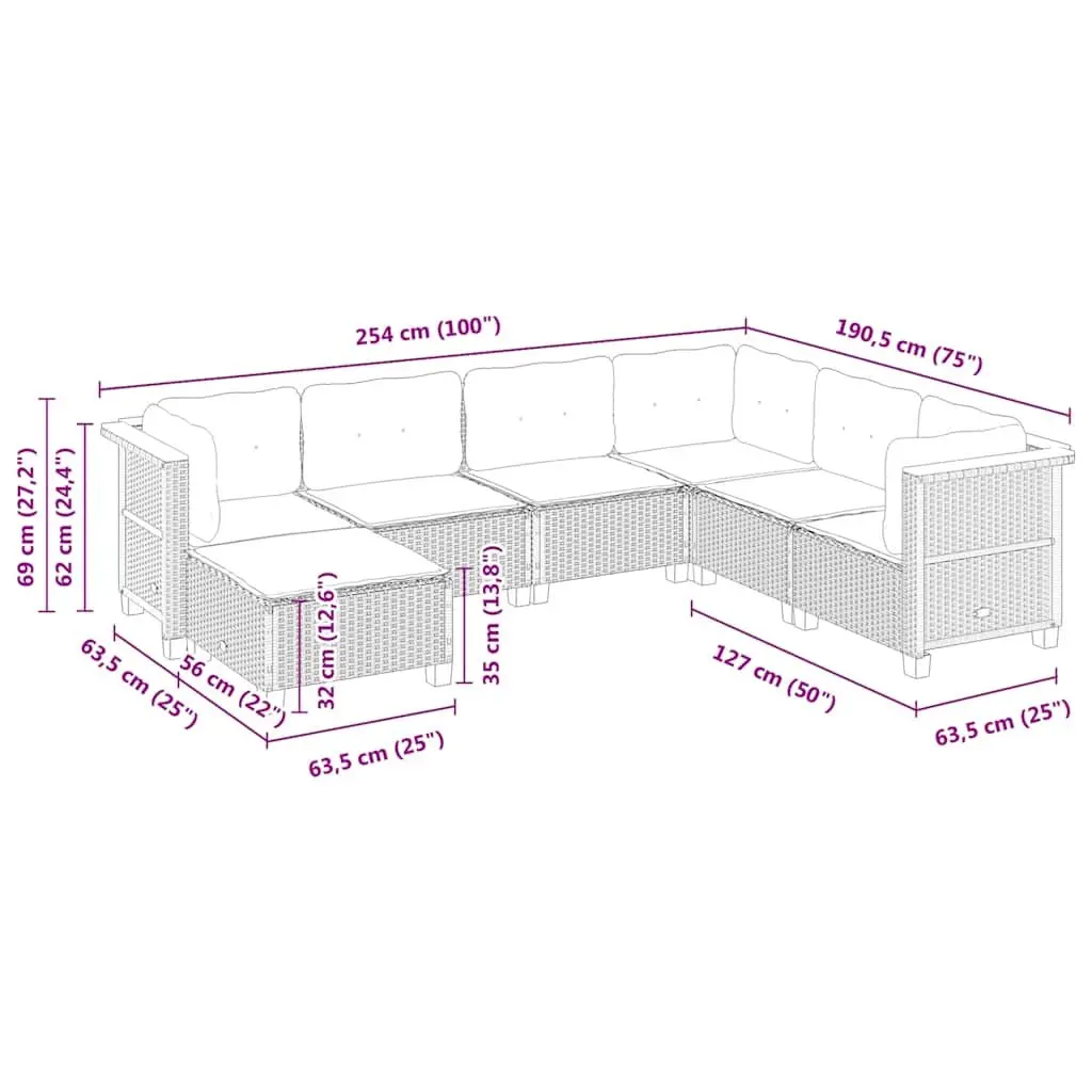 7 Piece Outdoor Garden Sofa Set with Cushions Black Rattan Patio Furniture
