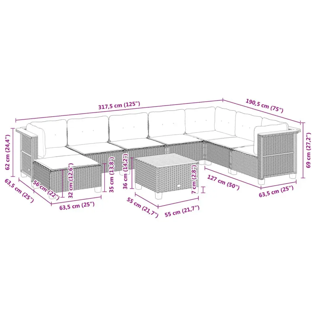 Garden Sofa Set 9 Piece Outdoor Furniture PE Rattan Construction with Cushions Black
