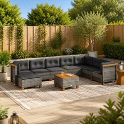 Garden Sofa Set 9 Piece Outdoor Furniture with Cushions Grey Poly Rattan Patio