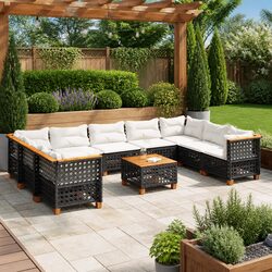 10 Piece Outdoor Garden Sofa Set Black Poly Rattan Patio Furniture with Cushions