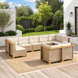 Outdoor Garden Sofa Set 9 Piece Beige Poly Rattan Patio Furniture with Cushions