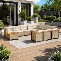 Garden Sofa Set 11 Piece Outdoor Furniture Patio Beige Poly Rattan with Cushions