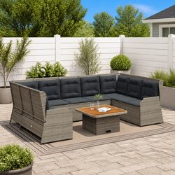 Garden Lounge Set 7 Pieces Grey Poly Rattan Outdoor Furniture Patio with