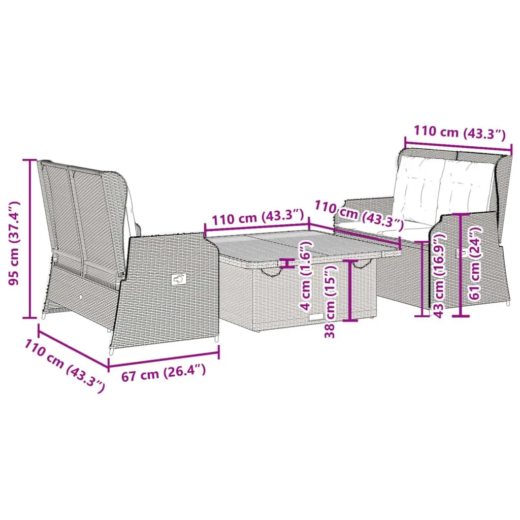 3 Piece Garden Lounge Set Black Outdoor Furniture with Cushions Patio Seating