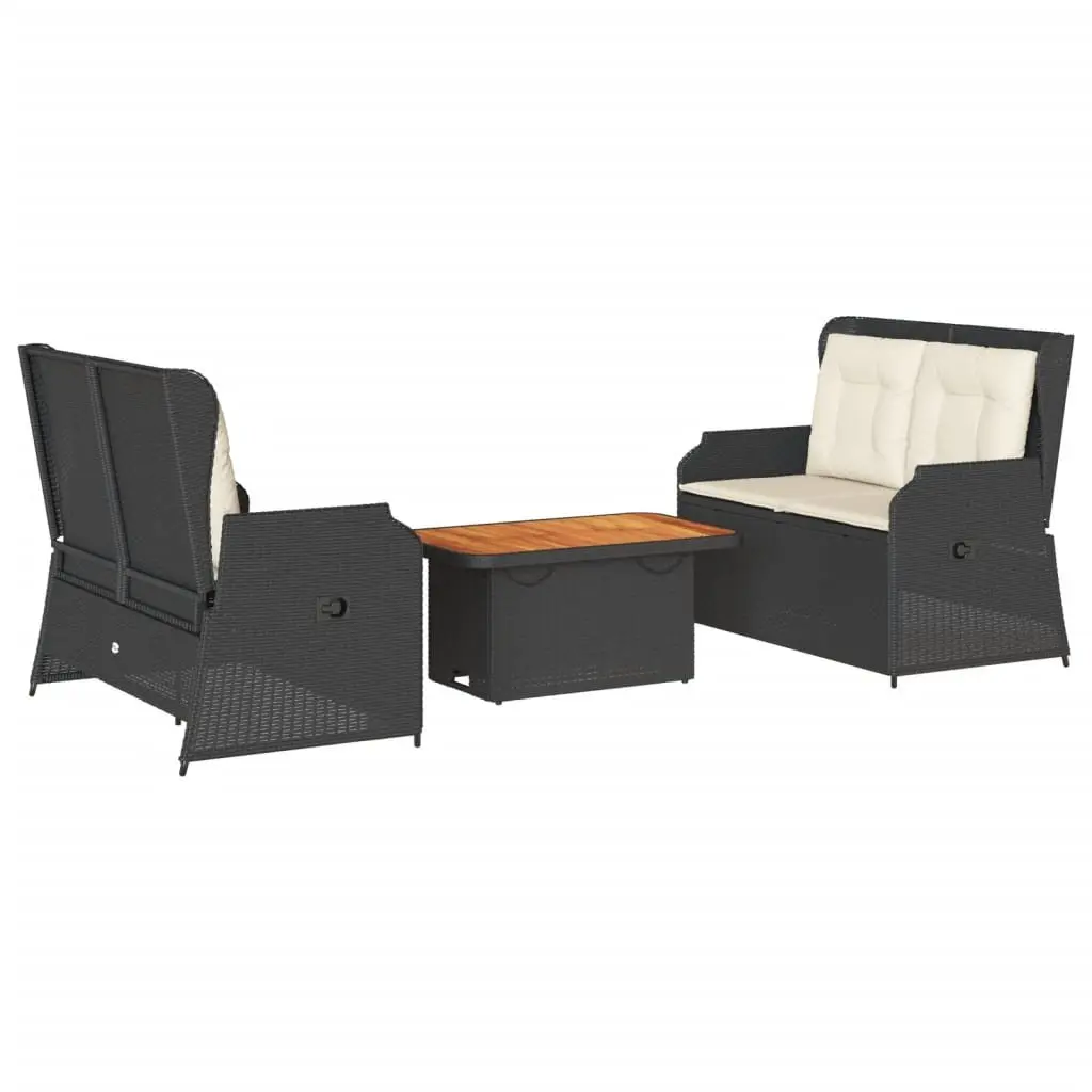 3 Piece Outdoor Lounge Set Black Poly Rattan Garden Furniture with Cushions