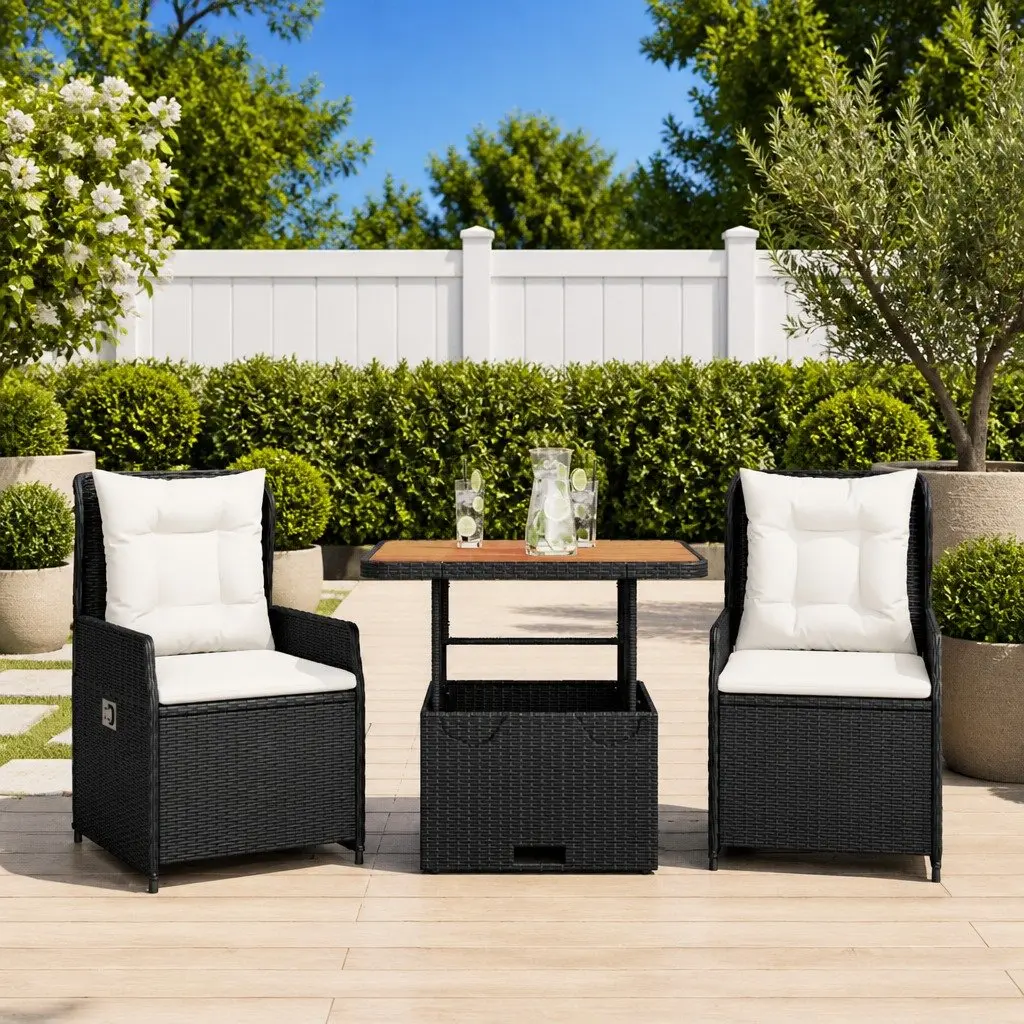 3 Piece Bistro Set with Adjustable Backrest Cushions Black Garden Patio